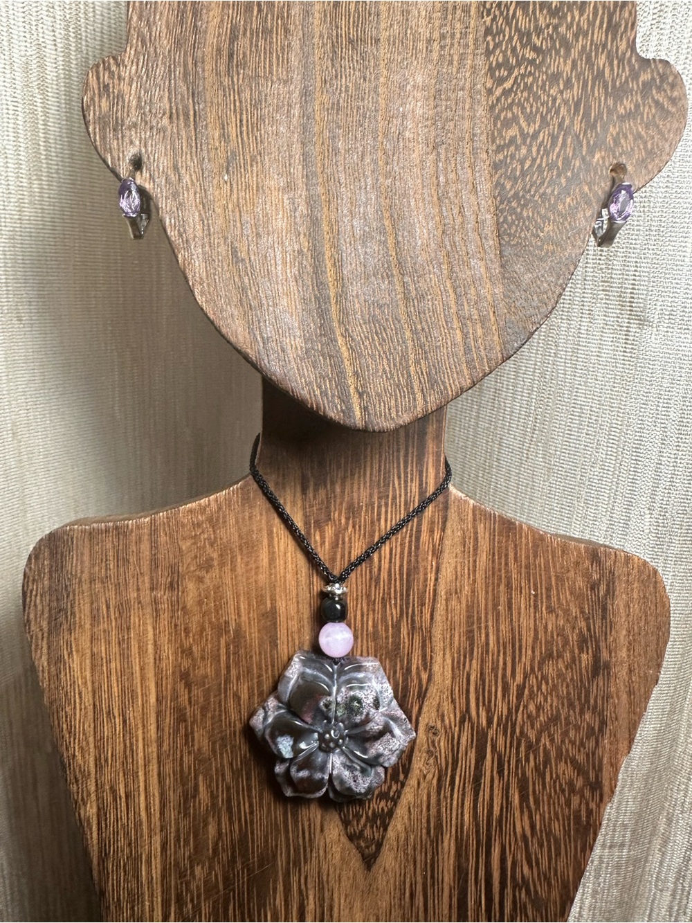Ocean Jasper Pendant Necklace with Kunzite on Thin Black Adjustable Rope - Picture 11 of 16